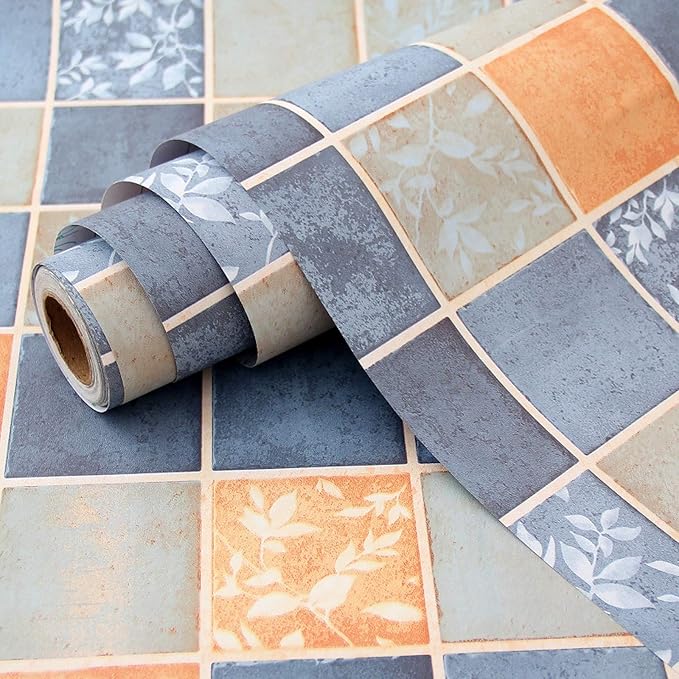 wolpin Bathroom Tiles Wallpaper (45 x 1000 CM, Blue Orange) | Waterproof Self Adhesive Stove Backsplash Countertop Wall Sticker DIY Bathroom Home Decor Blue Orange Tile Pattern