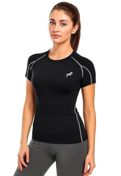 JUST RIDER Women's Compression Fit Sports T-Shirt – Black Fitness Wear, Quick-Dry Activewear Top for Gym, Yoga &amp; Running