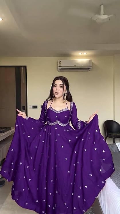 Forteo Fashion Women’s Purple Faux Georggete Embroidered Anarkali Gown |Ethnic Flared Women’s Traditional Anarkali Style Gown.
