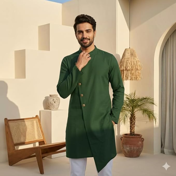 OOMPH! Men Ethnic Traditional Asymmetric Kurta | High Neck Full Sleeves | Traditional Indian Festive Kurta | Stylish Casual and Wedding