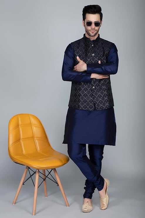 Ethluxis Silk Blend Kurta Churidar Pyjama with Ethnic Bundi Jacket Set