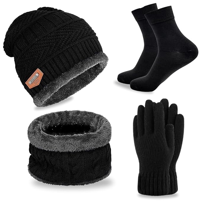 Tychosky Winter Cap &amp; Muffler Set for Men | 4-in-1 Woolen Set with Warm Gloves &amp; Socks | Wool Cap/Topi for Men, Thermal Gloves, Accessories for Cold Weather, Snow Trips
