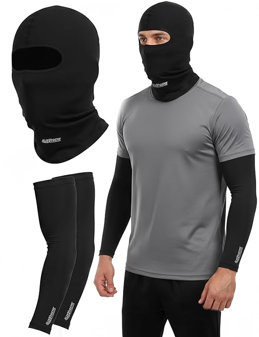 Allextreme Arm Sleeves &amp; Full Face Mask Set Reusable UV Dust Protection Cotton Balaclava with Hand Cover for Men Women Bike Riding Running Cycling Outdoor Protective Bike Riding Gear (Black)