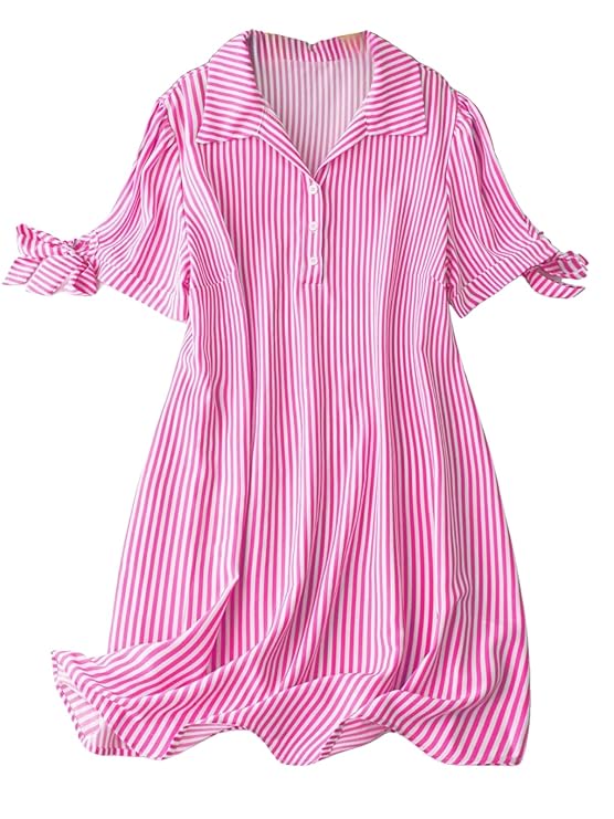 Leriya Fashion Striped Shirt Style Mini Dress for Women | Collared Casual A-Line | Tunic with Tie Sleeves &amp; Front Buttons