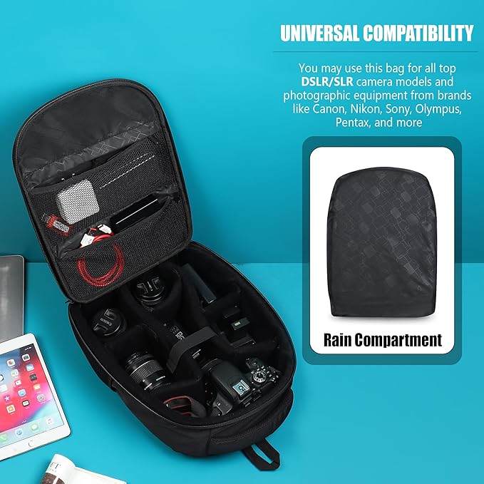 GadgetBite Camera Bag Hardshell Water Resistant Professional Camera Backpack with Rain Cover Customizable Shockproof Lens Pockets for DSLR Lenses Go Pro Canon Nikon Sony Cameras Accessories