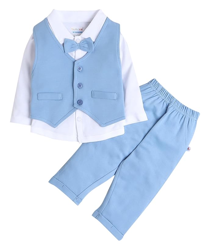BUMZEE Powder Blue &amp; White Boys Full Sleeves Shirt Waistcoat &amp; Pant Set With Applique Bow (Peb9069)