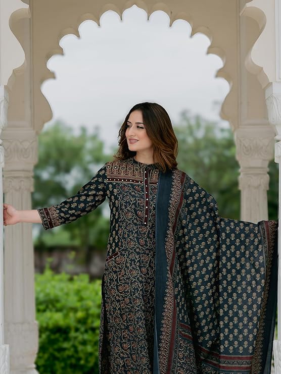 Arayna Women’s Cotton Printed Kurta Set with Palazzo Pants and Dupatta | Ethnic Straight Kurta
