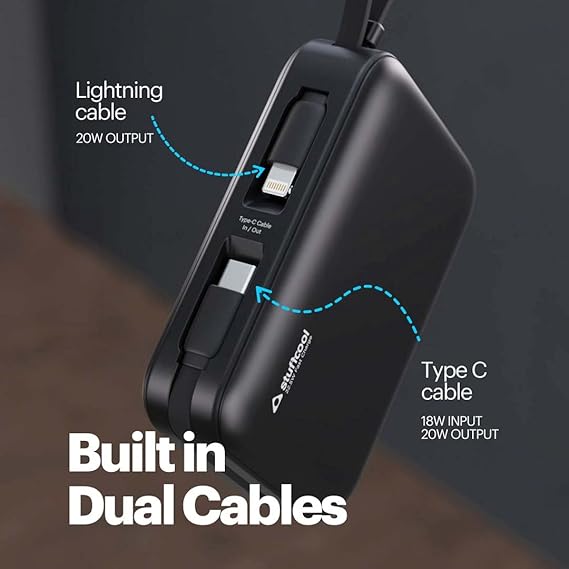 Stuffcool Maverick Mini 20,000mAh Powerbank with 20W Built-in Lightning &amp; Type-C Cables, 22.5W USB-A Fast Charging for iPhone, Samsung, Pixel, OnePlus, Oppo &amp; Realme, Black