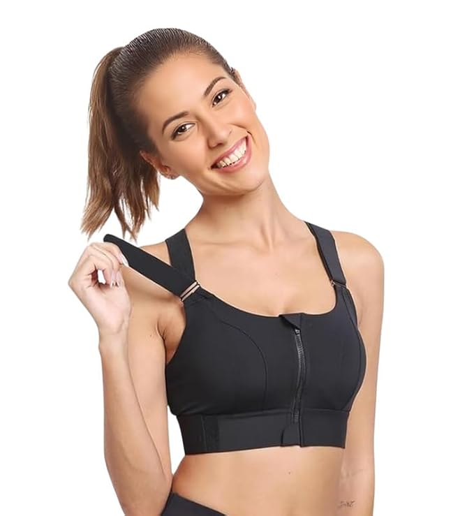 GLAMORAS Women Polyester Spandex High Impact Front Zip Sports Bra Longline Fitness Criss Cross Back Crop Tops with Adjustable Velcro Strap at Band and Shoulder for Gym, Yoga &amp; Workout - Size: M-4XL