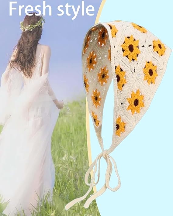 MittiJoy Crochet Headband for Women, Daisy Head Scarf for Women, Lightweight Hair Accessory for All-Day Comfort, Adjustable Head Wrap for Casual and Special Occasions