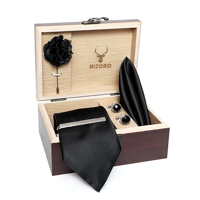 Tie for Men – Solid Silk Neck Ties Set with Cufflinks Flower Pin, Pocket Square Black Gift Box, Combo Necktie Sets for Office Wear, Formal Suits Weddings