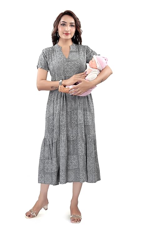 B2F Women Flared Anarkali Maternity Dress, Feeding Kurti with Concealed Zip for Pre Post Pregnancy