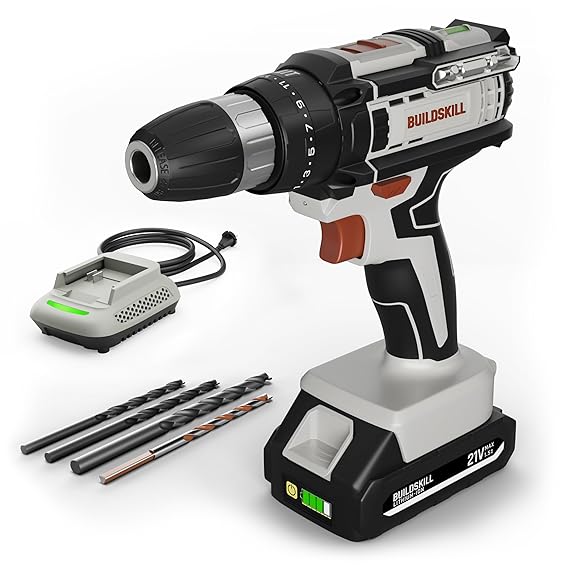 BUILDSKILL 21V Cordless Drill Machine for Home Use | Impact Drill with 10MM Keyless Chuck | 1.5 Ah Single Battery | Charger | Variable Speed | LED Light | Forward Reverse Motion
