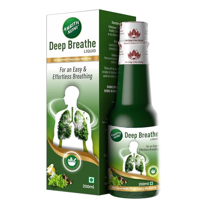 Amrith Noni Deep Breathe Liquid - 200ml | Ayurvedic Asthama Care Juice | With the goodness of Vasa, Yashtimadhu, Pippali, Kantakari, Khadira, Shunti, Maricha, Lavanga and more Herbs