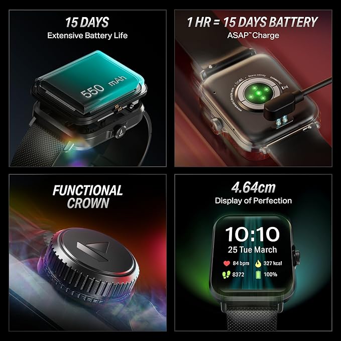 Boat Storm Infinity w/15 Days Extensive Battery Life, Only Charge Twice a Month, Huge 550mAh Battery, Fast Charge, 1.83”(4.65cm) Display, Fitness Tracker, Smart Watch for Men &amp; Women (Active Black)