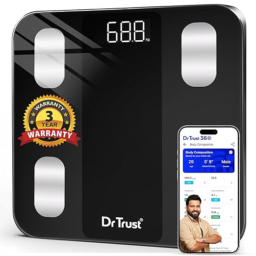 Dr Trust USA 526 Legend BMI Weight Scale Body Fat Analyzer with IOS/Android App Sync,14 Essential Composition Metrics Weighing Machine for Home Health Monitoring (Black)..