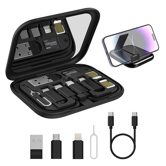 Portronics Snapcase 60W Multifunctional Fast Charging Data Cable Kit, Conversion Set USB A &amp; Type C to Male Micro/Type C/Lightning,Data Transfer,Sim Storage,Sim Eject Pin,Pocket Mirror,Phone Holder