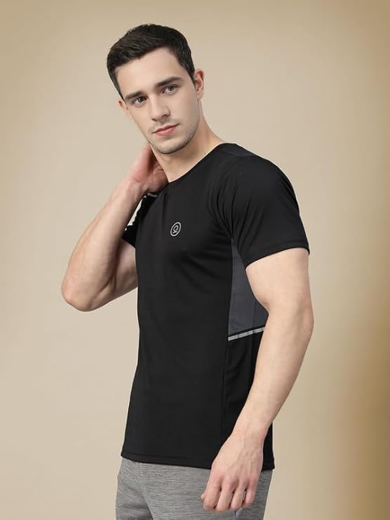 CHKOKKO Men Polyester Solid Quick Dry Sports Gym T-Shirt Breathable Moisture-Wicking Half Sleeve Round Crew Neck Regular Fit Active Wear for Running and Training