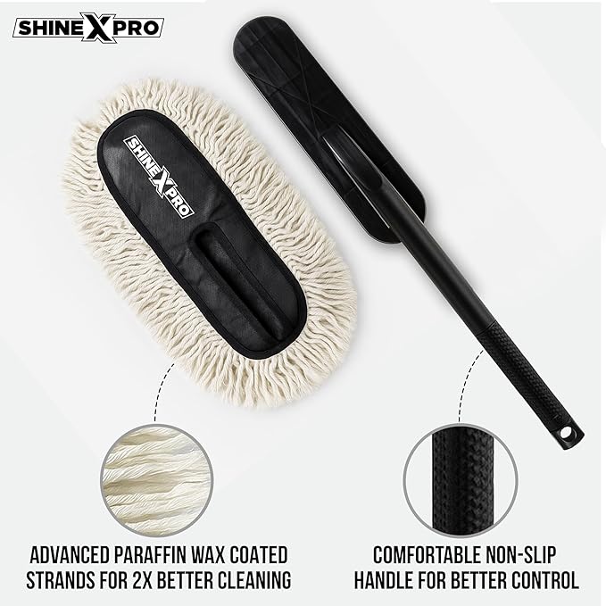 Shine X Pro Car Duster - Lint-Free Scratch-Free Car Cleaner Brush with Long Handle - Car Dust Cleaner features Paraffin Wax Coating for 2x better Cleaning Performance - Car Cleaning Brush for Exterior