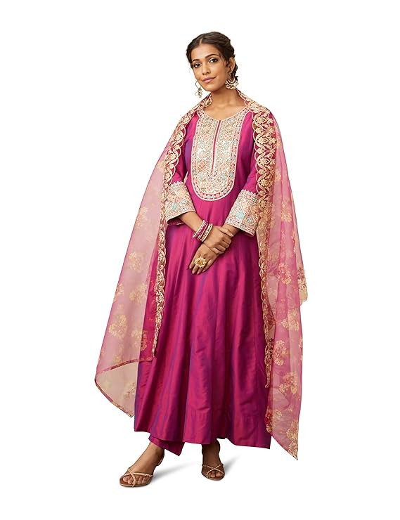 Myx Womens Embroidered Anarkali Kurta Pant Set with Organza Dupatta | A-line fit:..