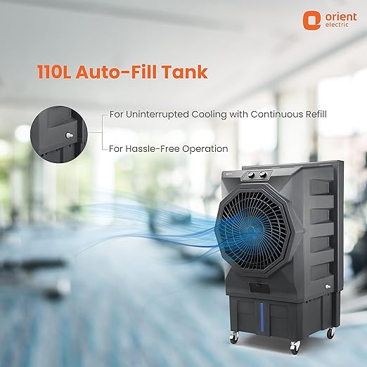 Orient Electric Stark 110 L Heavy Duty Commercial Air Cooler With 20 Fan | Aerofan Technology |High-Density Honeycomb Cooling Pads | Extra Powerful Air Throw Auto Water Refill Technology| Grey